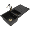 Mexen Andres, granitový dřez 1,5-komorový s odkapávačem a kuchyňskou baterií Flora, černý - 6515-77-670401-57-G