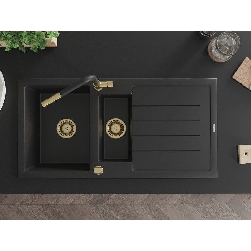 Mexen Andres, granitový dřez 1,5-komorový s odkapávačem a kuchyňskou baterií Flora, černý - 6515-77-670401-57-G
