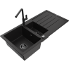 Mexen Andres žulový dřez 1,5-komorový s odkapávačem a kuchyňskou baterií Flora, černý - 6515-77-670401-70-B