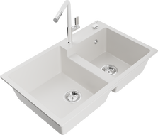 Mexen Tomas granitový dřez dvoukomorový s kuchyňskou baterií Flora, bílý - 6516-20-670401-02