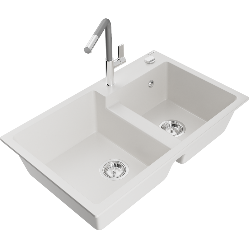 Mexen Tomas kuchyňský dřez z granitu 2-komorový s kuchyňskou baterií Flora, bílý - 6516-20-670401-06