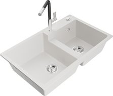 Mexen Tomas žulový dřez s 2 komorami a kuchyňskou baterií Flora, bílý - 6516-20-670401-07