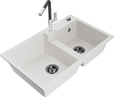 Mexen Tomas dřez žulový 2-komorový s kuchyňskou baterií Flora, bílý - 6516-20-670401-07-B
