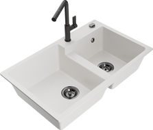 Mexen Tomas granitový dřez 2-komorový s kuchyňskou baterií Flora, bílý - 6516-20-670401-70-B