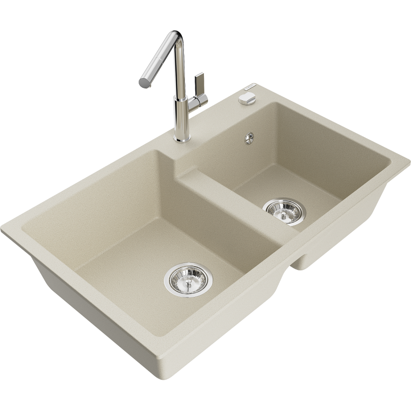 Mexen Tomas granitový dřez 2-komorový s kuchyňskou baterií Flora, béžový - 6516-69-670401-00