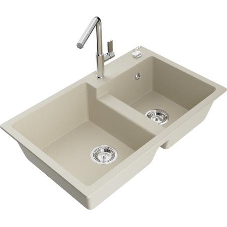 Mexen Tomas granitový dřez 2-komorový s kuchyňskou baterií Flora, béžový - 6516-69-670401-00