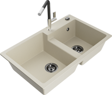 Mexen Tomas žulový dřez s 2 komorami a kuchyňskou baterií Flora, béžový - 6516-69-670401-07-B