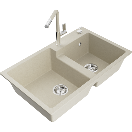 Mexen Tomas granitový dřez dvoukomorový s kuchyňskou baterií Flora, béžový - 6516-69-670401-09
