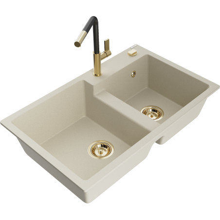 Mexen Tomas dřez žulový 2-komorový s kuchyňskou baterií Flora, béžový - 6516-69-670401-57-G
