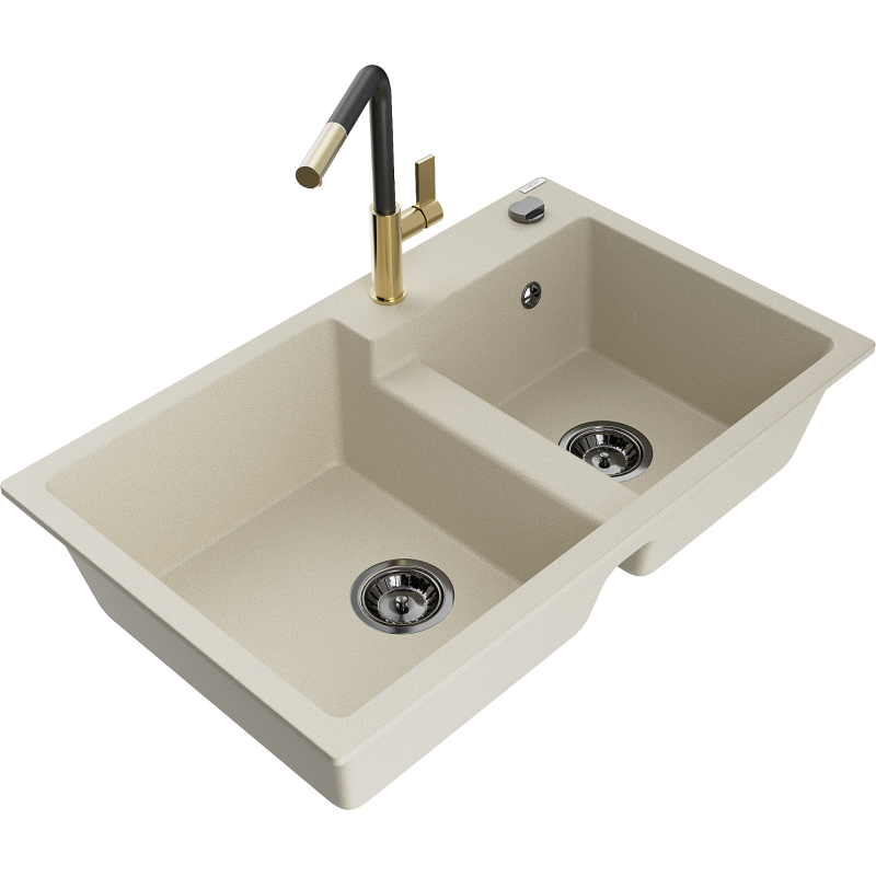 Mexen Tomas žulový dřez s 2 komorami a kuchyňskou baterií Flora, béžový - 6516-69-670401-57-B