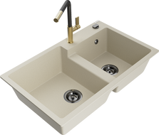 Mexen Tomas žulový dřez s 2 komorami a kuchyňskou baterií Flora, béžový - 6516-69-670401-57-B