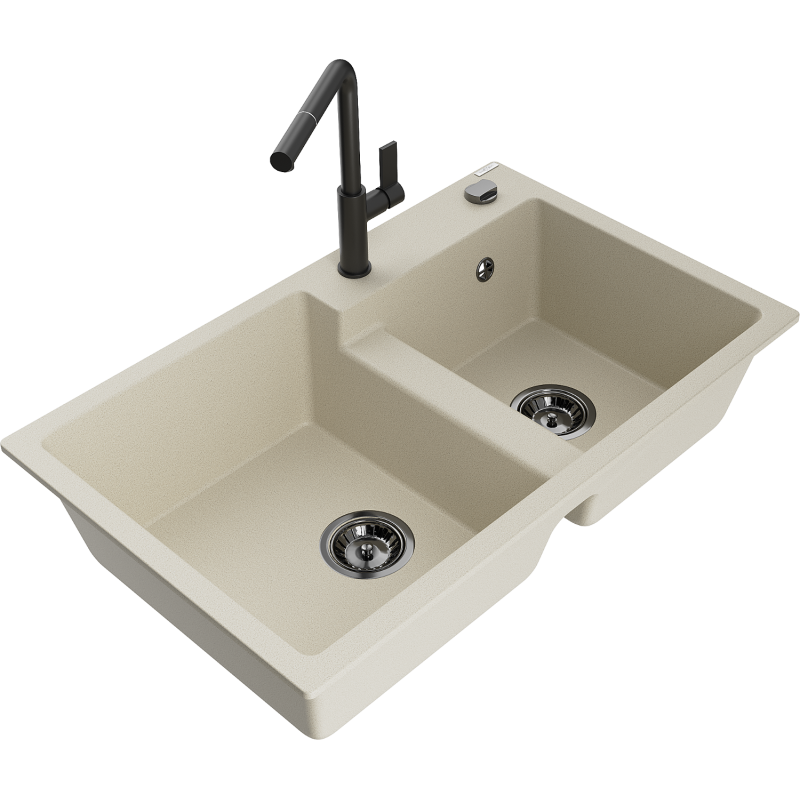 Mexen Tomas granitový dřez 2-komorový s kuchyňskou baterií Flora, béžový - 6516-69-670401-70-B