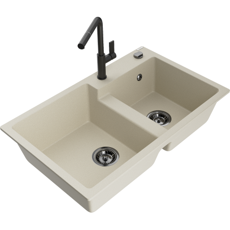 Mexen Tomas granitový dřez 2-komorový s kuchyňskou baterií Flora, béžový - 6516-69-670401-70-B