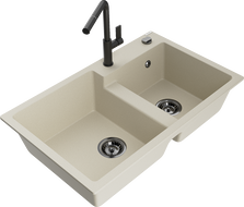 Mexen Tomas granitový dřez 2-komorový s kuchyňskou baterií Flora, béžový - 6516-69-670401-70-B