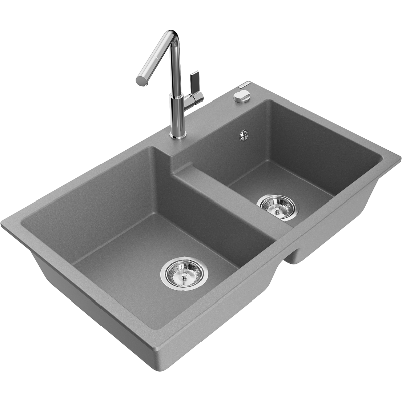 Mexen Tomas granitový dřez 2-komorový s kuchyňskou baterií Flora, šedý - 6516-71-670401-00