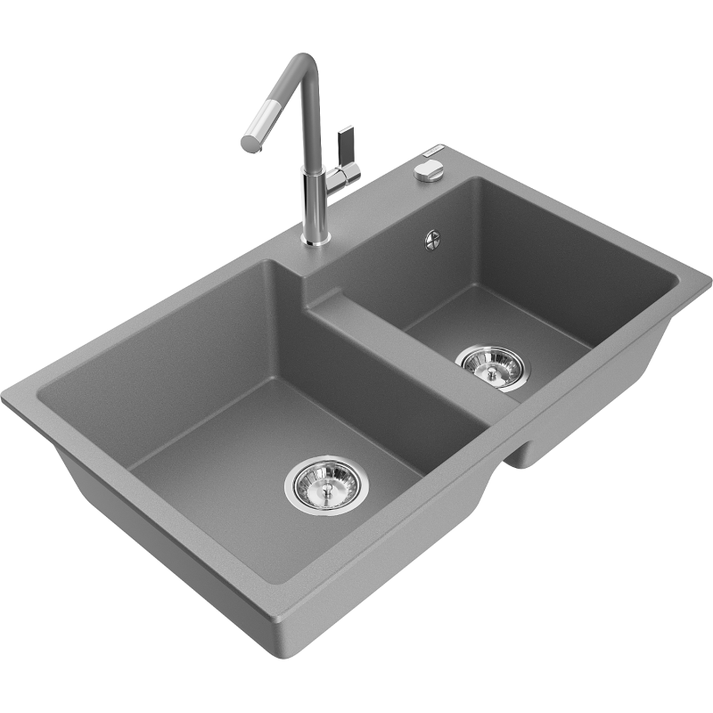 Mexen Tomas granitový dřez s 2 komorami s kuchyňskou baterií Flora, šedá - 6516-71-670401-06