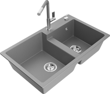 Mexen Tomas granitový dřez s 2 komorami s kuchyňskou baterií Flora, šedá - 6516-71-670401-06