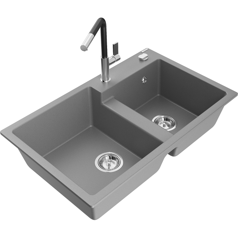 Mexen Tomas granitový dvojkomorový dřez s kuchyňskou baterií Flora, šedý - 6516-71-670401-07