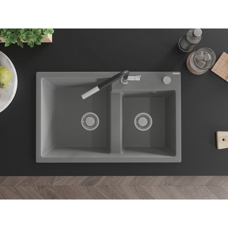 Mexen Tomas granitový dvojkomorový dřez s kuchyňskou baterií Flora, šedý - 6516-71-670401-07