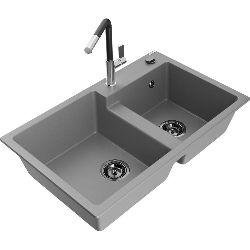 Mexen Tomas dvojitý granitový dřez s kuchyňskou baterií Flora, šedý - 6516-71-670401-07-B