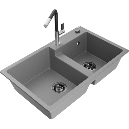 Mexen Tomas dvojitý granitový dřez s kuchyňskou baterií Flora, šedý - 6516-71-670401-07-B