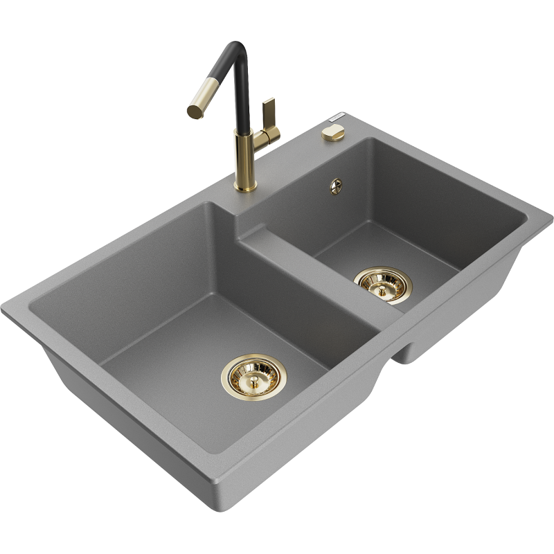 Mexen Tomas granitový kuchyňský dřez dvoukomorový s kuchyňskou baterií Flora, šedý - 6516-71-670401-57-G
