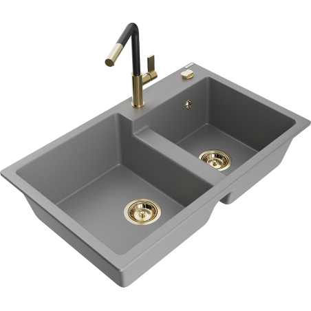 Mexen Tomas granitový kuchyňský dřez dvoukomorový s kuchyňskou baterií Flora, šedý - 6516-71-670401-57-G