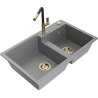 Mexen Tomas granitový kuchyňský dřez dvoukomorový s kuchyňskou baterií Flora, šedý - 6516-71-670401-57-G