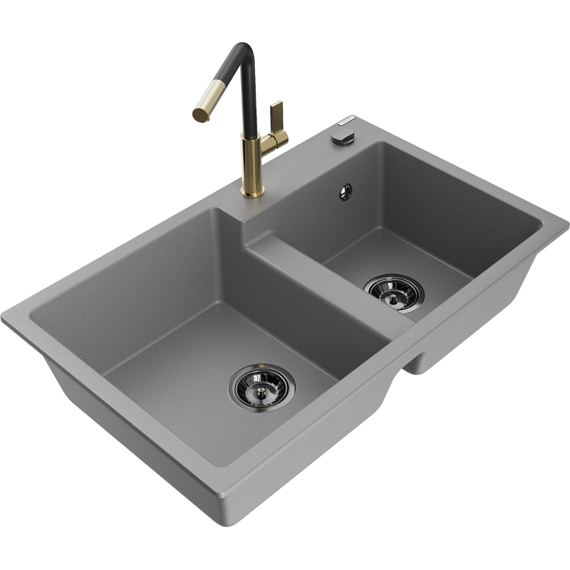 Mexen Tomas granitový dřez 2-komorový s kuchyňskou baterií Flora, šedý - 6516-71-670401-57-B