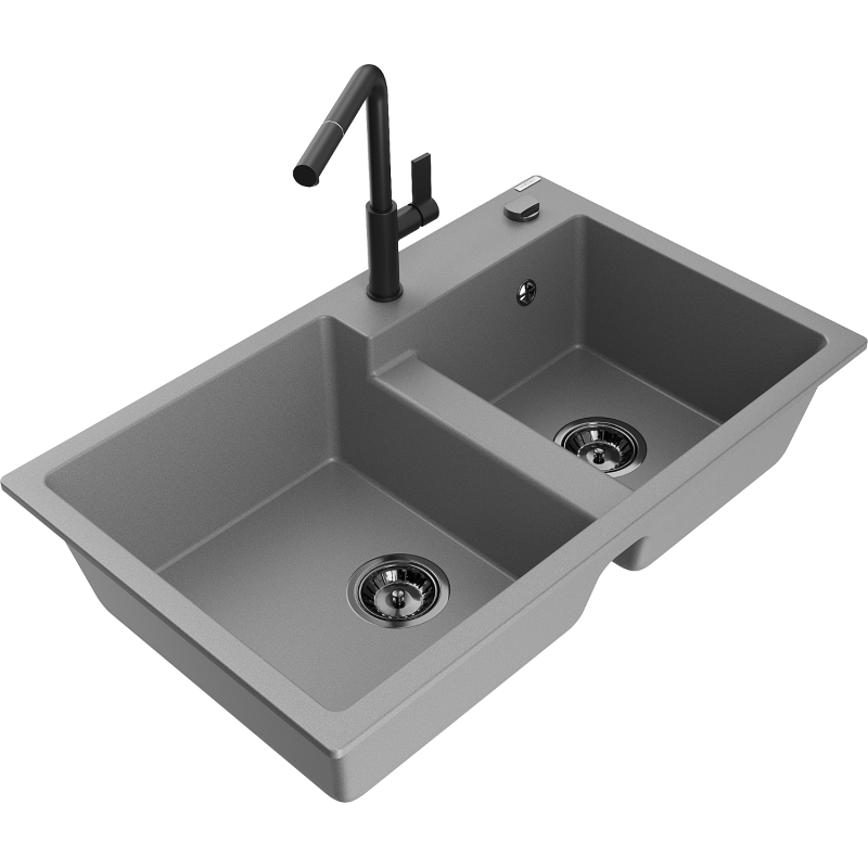Mexen Tomas granitový dřez 2-komorový s kuchyňskou baterií Flora, šedý - 6516-71-670401-70-B