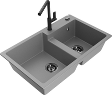 Mexen Tomas granitový dřez 2-komorový s kuchyňskou baterií Flora, šedý - 6516-71-670401-70-B