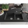 Mexen Tomas granitový dřez s 2 komorami s kuchyňskou baterií Flora, černá/stříbrný metalík - 6516-73-670401-00