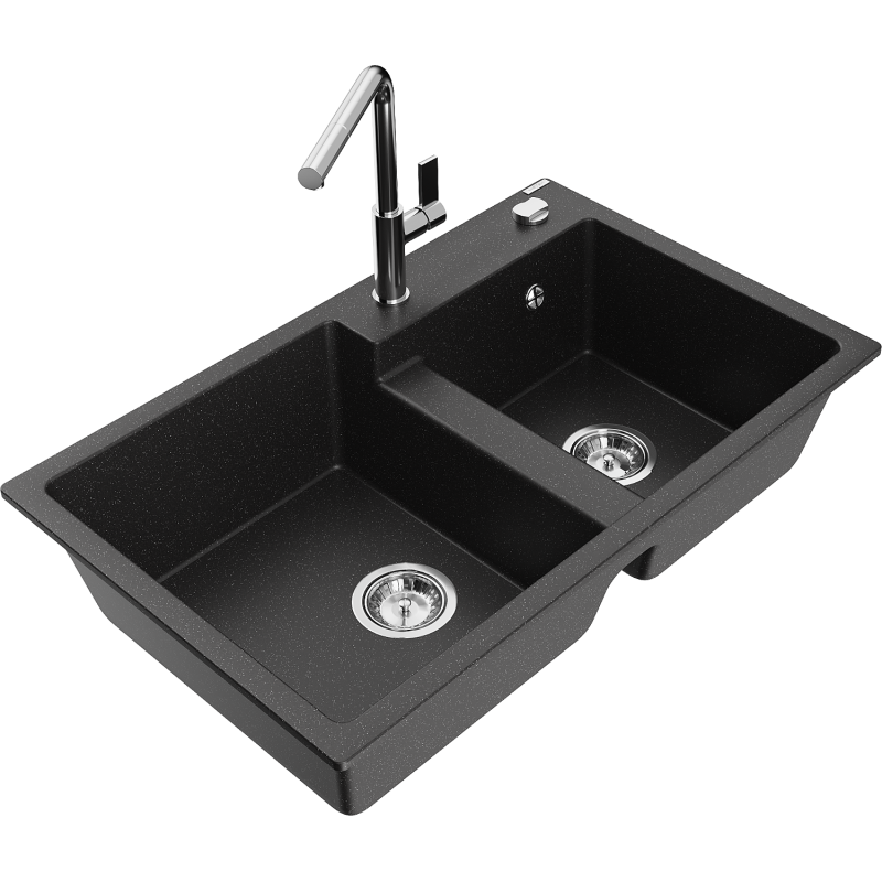 Mexen Tomas dřez granitový 2-komorový s kuchyňskou baterií Flora, černý/stříbrný metalik - 6516-73-670401-00
