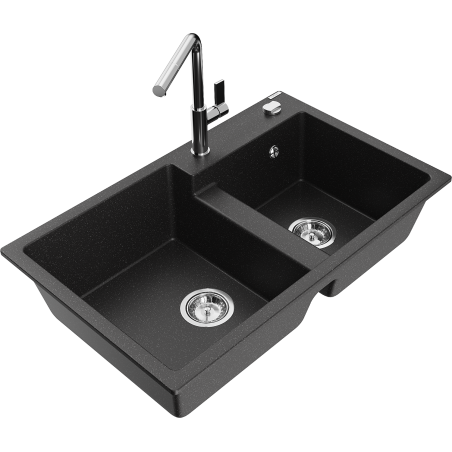 Mexen Tomas dřez granitový 2-komorový s kuchyňskou baterií Flora, černý/stříbrný metalik - 6516-73-670401-00