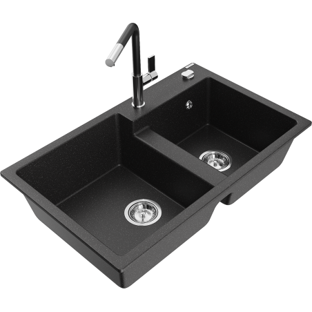 Mexen Tomas dřez granitový 2-komorový s kuchyňskou baterií Flora, černý/stříbrný metalik - 6516-73-670401-07