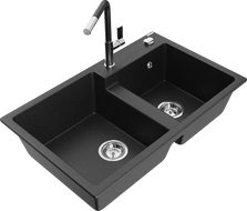 Mexen Tomas dřez granitový 2-komorový s kuchyňskou baterií Flora, černý/stříbrný metalik - 6516-73-670401-07