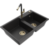 Mexen Tomas dřez granitový 2-komorový s kuchyňskou baterií Flora, černý/stříbrný metalik - 6516-73-670401-57-G