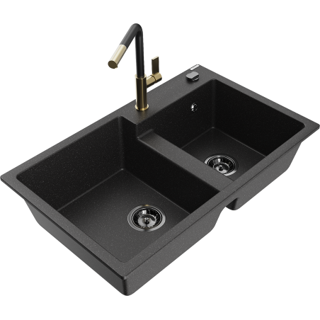 Mexen Tomas dřez žulový 2-komorový s kuchyňskou baterií Flora, černý/stříbrný metalik - 6516-73-670401-57-B