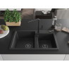 Mexen Tomas žulový dřez s 2 komorami a kuchyňskou baterií Flora, černá/stříbrný metalík - 6516-73-670401-70-B
