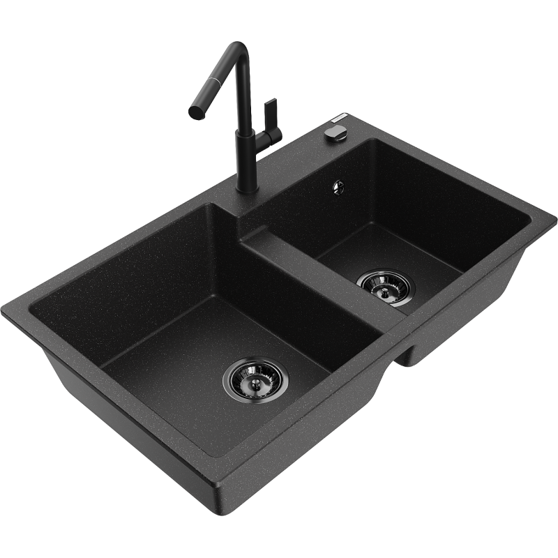Mexen Tomas granitový dřez 2-komorový s kuchyňskou baterií Flora, černý/stříbrný metalík - 6516-73-670401-70-B