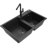 Mexen Tomas granitový dřez 2-komorový s kuchyňskou baterií Flora, černý/stříbrný metalík - 6516-73-670401-70-B