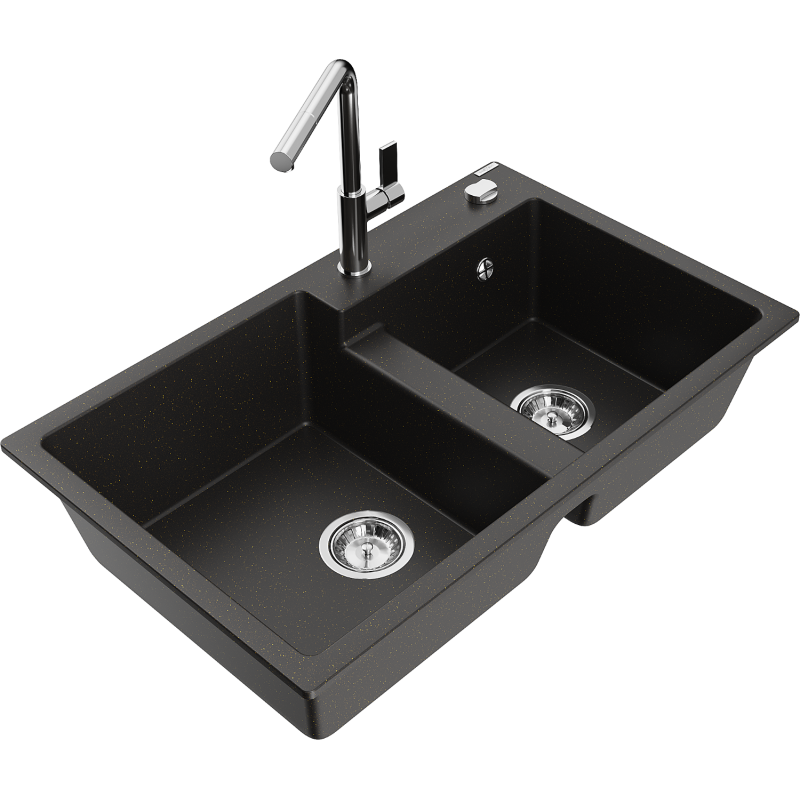 Mexen Tomas dvoukomorový granitový dřez s kuchyňskou baterií Flora, černý/zlatý metalik - 6516-75-670401-00