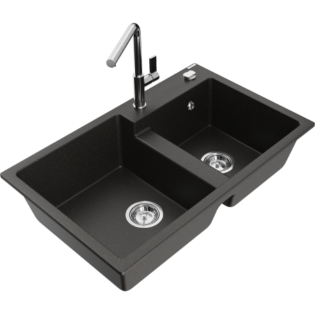 Mexen Tomas dvoukomorový granitový dřez s kuchyňskou baterií Flora, černý/zlatý metalik - 6516-75-670401-00