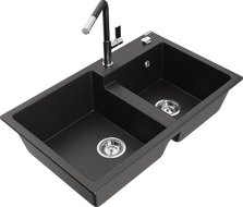 Mexen Tomas granitový dřez 2-komorový s kuchyňskou baterií Flora, černý/zlatý metalík - 6516-75-670401-07