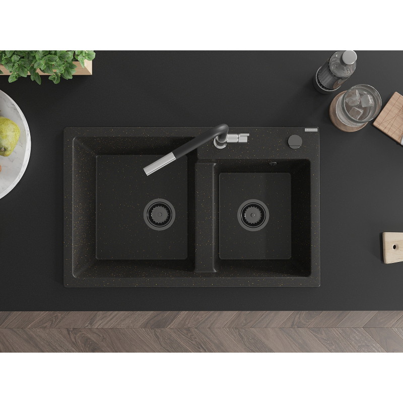 Mexen Tomas granitový dřez 2-komorový s kuchyňskou baterií Flora, černý/zlatý metalik - 6516-75-670401-07-B