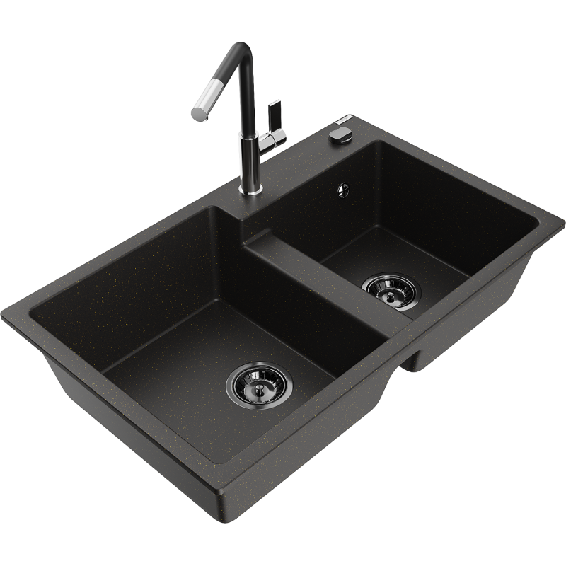 Mexen Tomas žulový dřez 2-komorový s kuchyňskou baterií Flora, černý/zlatý metalik - 6516-75-670401-07-B