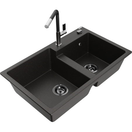 Mexen Tomas žulový dřez 2-komorový s kuchyňskou baterií Flora, černý/zlatý metalik - 6516-75-670401-07-B