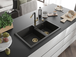 Mexen Tomas žulový dřez s 2 komorami s kuchyňskou baterií Flora, černý/zlatý metalik - 6516-75-670401-57-G