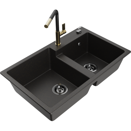 Mexen Tomas dřez z granitu 2-komorový s kuchyňskou baterií Flora, černý/zlatý metalík - 6516-75-670401-57-B