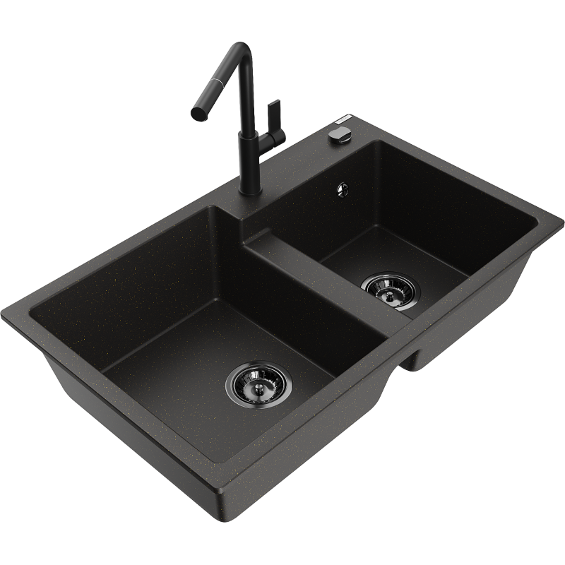 Mexen Tomas dřez granitový 2-komorový s kuchyňskou baterií Flora, černý/zlatý metalik - 6516-75-670401-70-B